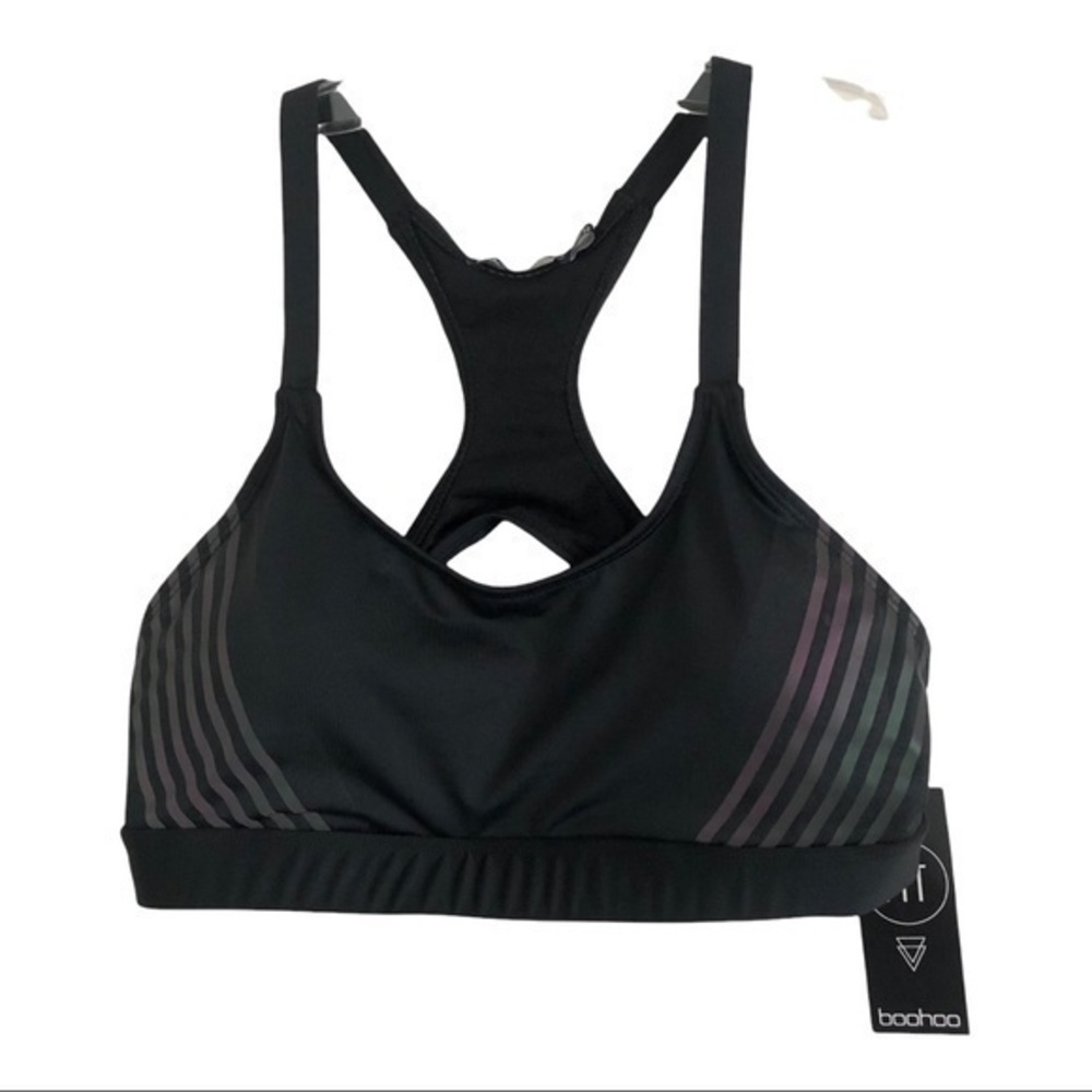 Boohoo Fit Iridescent Stripe Medium Support Sports Bra Black Size 6